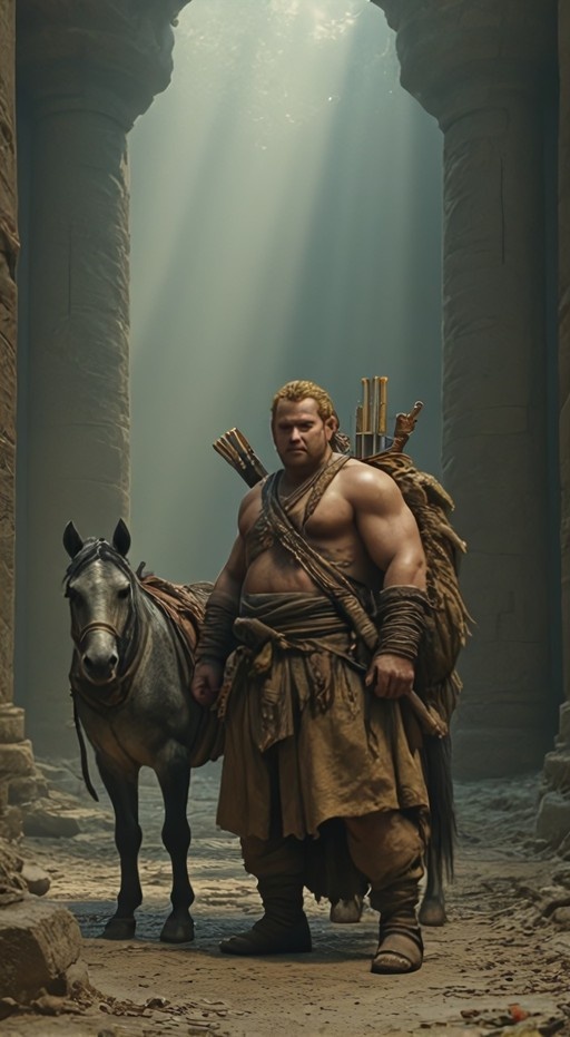 A muscular blonde warrior holding a bow stands beside a horse amidst ancient stone ruins illuminated by shafts of sunlight.