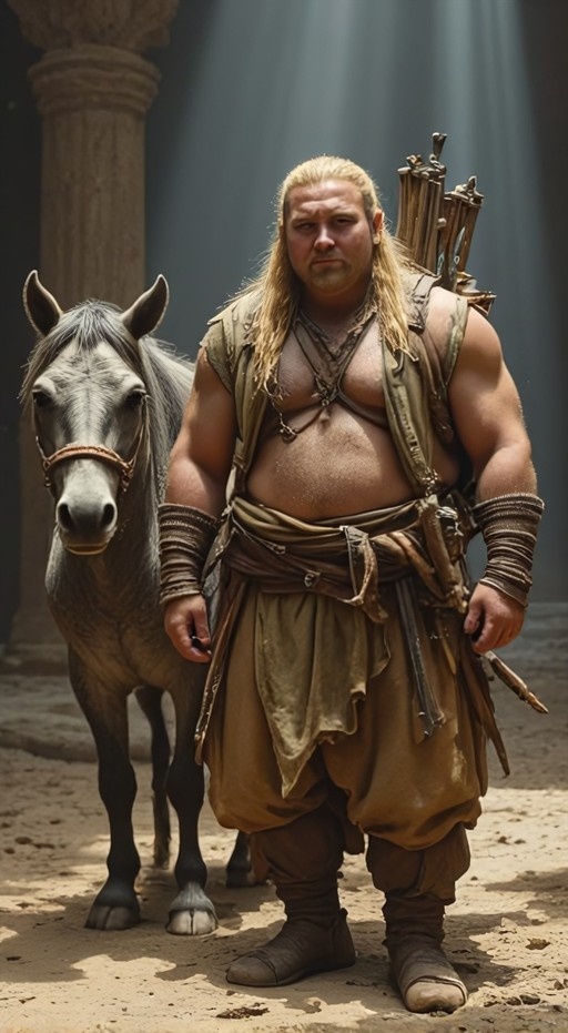 A full-body digital illustration of a large, blonde-haired warrior standing next to a grey horse in ancient ruins, wearing a brown vest and carrying a quiver of arrows on his back.