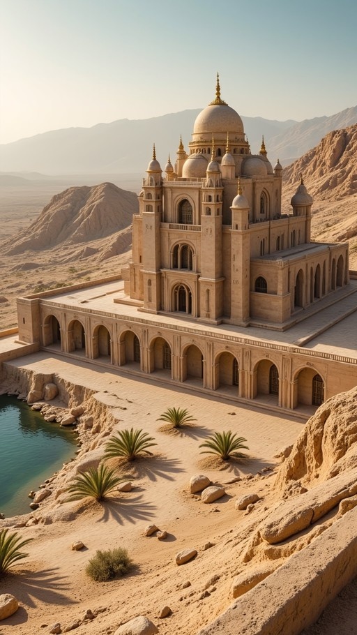 A majestic sandstone palace with golden domes and arched colonnades sits on a desert plateau overlooking an oasis.