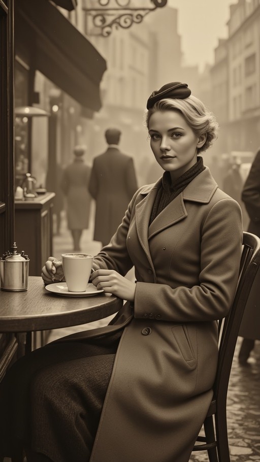 Sepia-toned portrait of a blonde woman in a vintage coat and hat sitting at an outdoor cafe table holding a cup.
