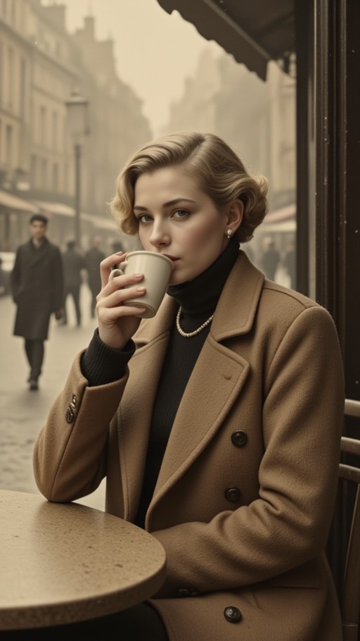 A woman with short blonde hair wearing a camel coat and pearl necklace sips from a white cup at an outdoor cafe table.