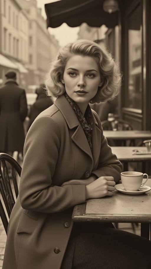 A blonde woman with wavy hair sits at an outdoor cafe table with a teacup, wearing a coat and scarf in a sepia-toned image.