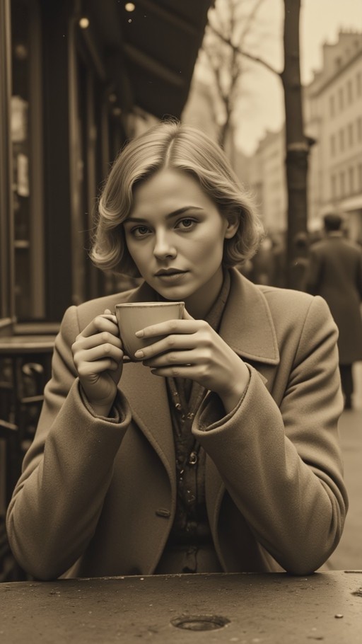 A realistic portrait of a young woman with short, wavy blonde hair sitting outdoors at a table. She wears a heavy coat and holds a cup with both hands while looking directly at the viewer against a blurred city background.