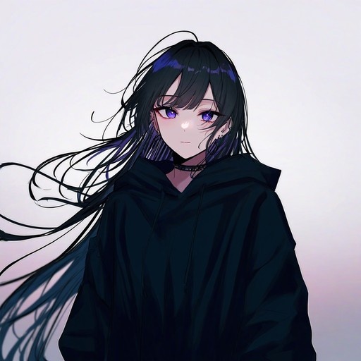 Anime girl with long dark hair and purple eyes wearing a black hoodie and choker.