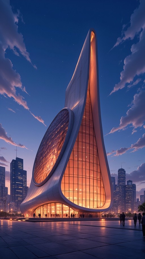 A futuristic white building with a curved shape and large circular window glows with warm orange light against a deep blue twilight sky, surrounded by a city skyline and people walking on the plaza.