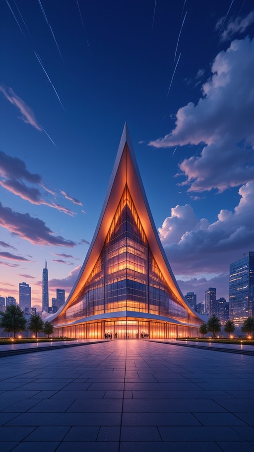 A futuristic triangular glass building glowing with warm light stands in a city plaza against a twilight sky.
