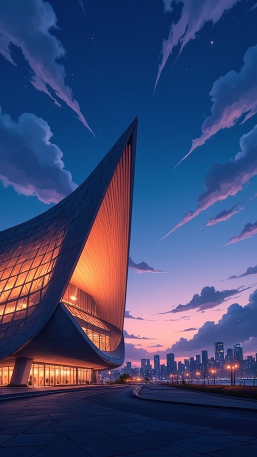 A large curved modern building with warm interior lights glows against a purple and blue twilight sky with streaks of light and a distant city skyline.