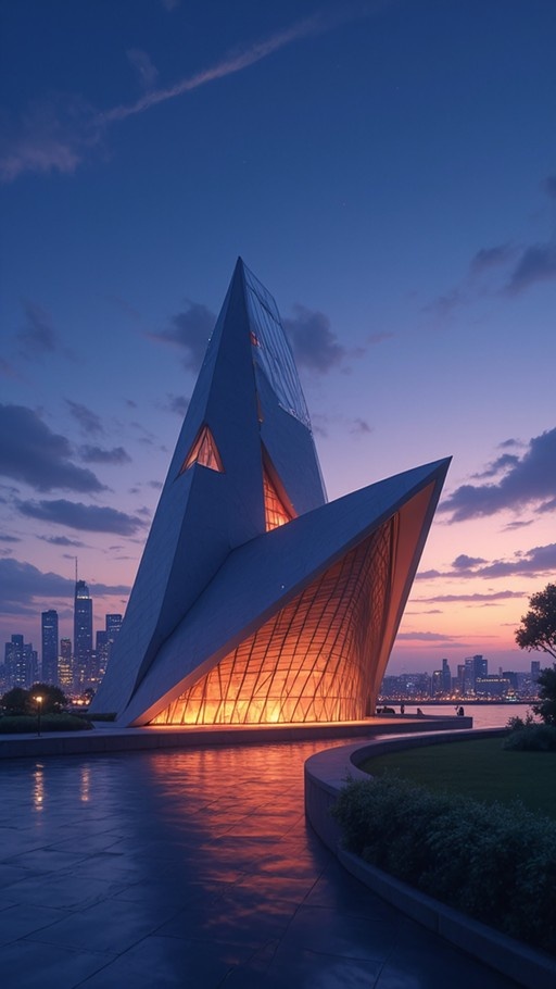 A large angular white building with glowing orange lights stands by a river at sunset, reflecting on the wet ground with a city skyline in the distance.