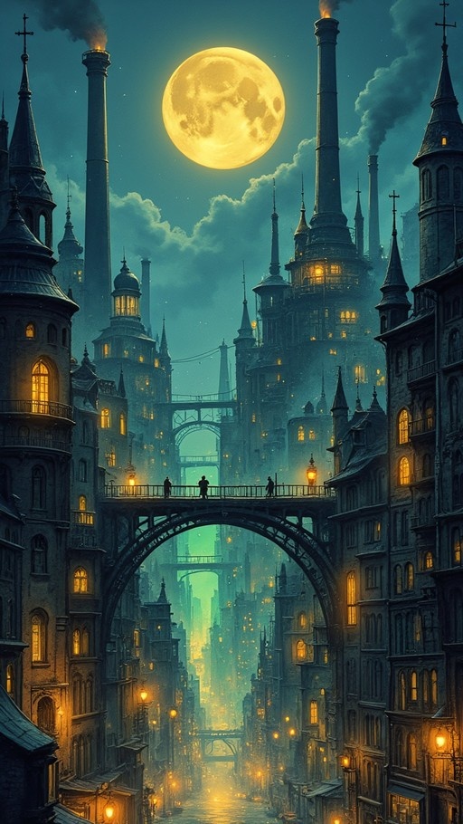 A gothic fantasy cityscape at night with tall spires and smokestacks under a large glowing moon, featuring arched bridges and warm window lights.