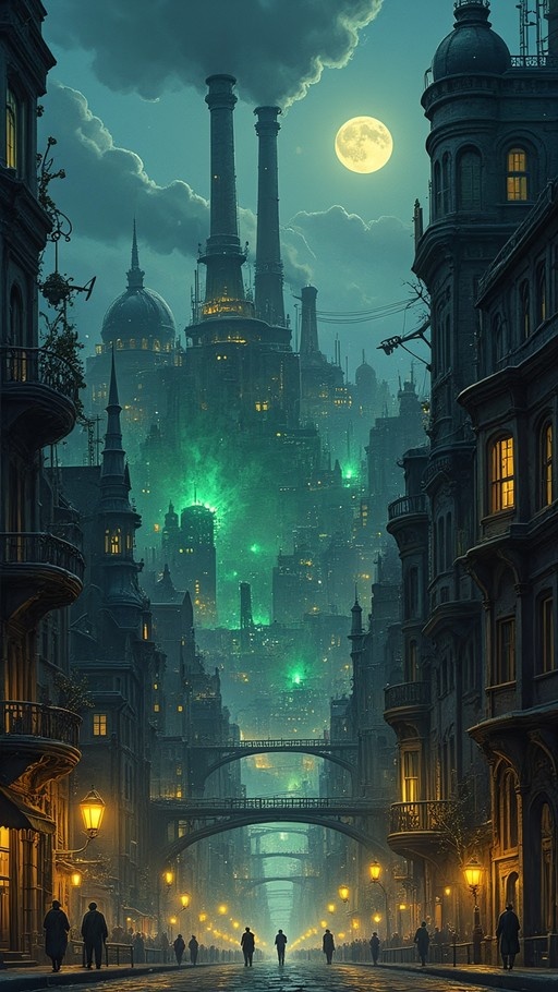 A night view of a fantasy city with cobblestone streets, glowing streetlamps, and silhouetted people walking towards distant industrial smokestacks under a full moon.