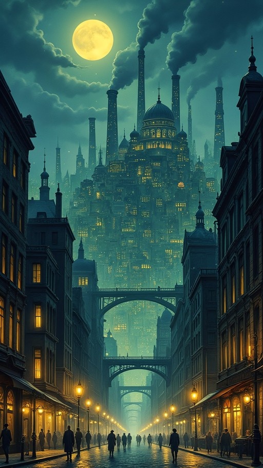 A fantasy cityscape at night featuring a large full moon, towering smokestacks, and arched bridges over a cobblestone street with walking silhouettes.