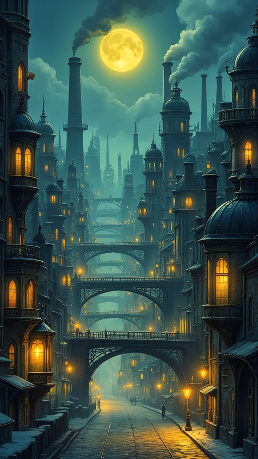 A fantasy cityscape at night featuring tall chimneys, arched bridges, and glowing windows under a large yellow full moon.