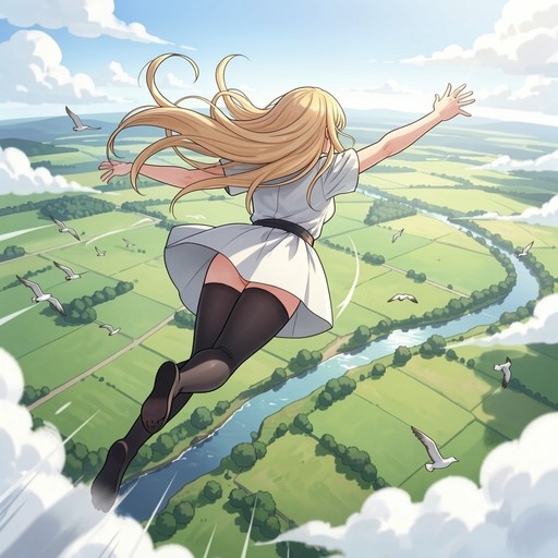 Anime girl with long blonde hair in a white dress and black socks flying through the air above green fields and birds.