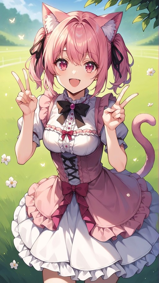 Anime illustration of a cheerful pink-haired catgirl with twintails wearing a frilly dress and making double peace signs in a sunny meadow.