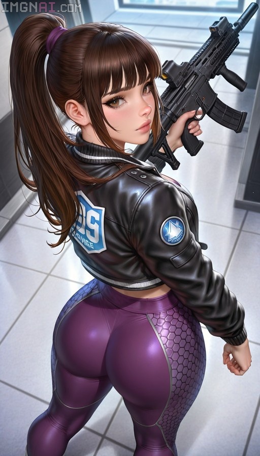 A high-angle view of a brown-haired woman in a black leather jacket and purple honeycomb-patterned leggings holding an assault rifle over her shoulder while looking back.