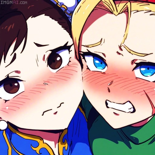 Close-up of Chun-Li and Cammy White side-by-side with heavy blushes and awkward expressions.