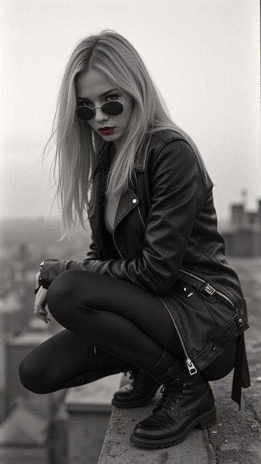 A blonde woman in a leather jacket and sunglasses squats on a wall, looking at the camera with red lips against a grey background.