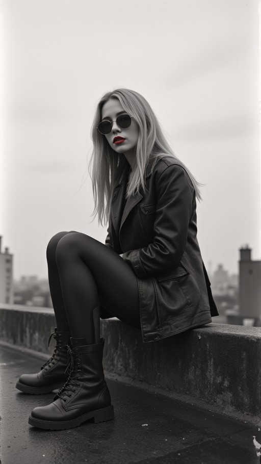 A black and white photo of a blonde woman in a leather jacket and sunglasses sitting on a wall with red lipstick.