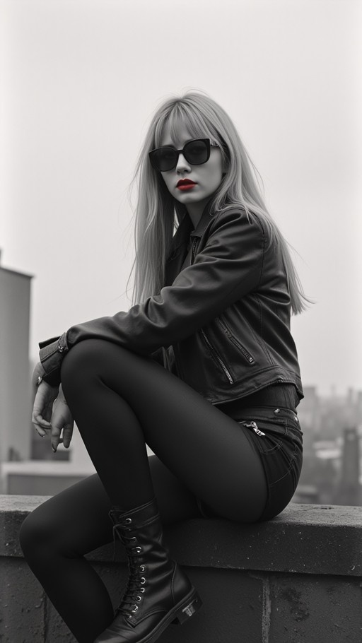 A black and white photograph of a blonde woman wearing a leather jacket and sunglasses while sitting on a ledge with bright red lipstick.