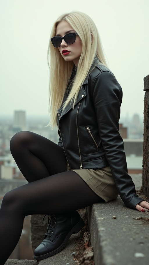 Blonde woman in leather jacket and sunglasses sitting on a ledge with city view.