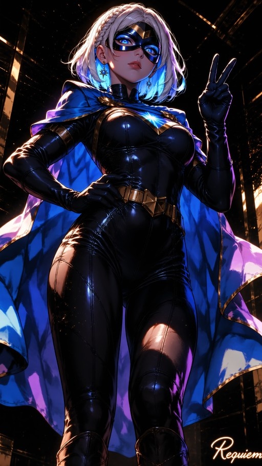 A female superhero with short white and blue hair stands in a low-angle shot wearing a shiny black bodysuit and a flowing blue cape. She wears a domino mask and makes a peace sign with one hand while resting the other on her hip.