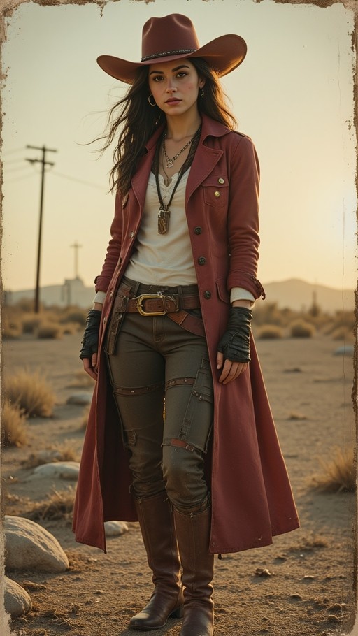 A woman with long dark hair wearing a brown cowboy hat and a long red coat stands in a desert landscape with utility poles in the background.