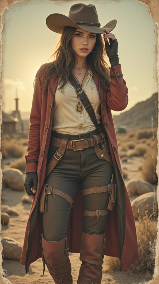 A cowgirl in a red coat and cowboy hat stands in a desert landscape, holding the brim of her hat.