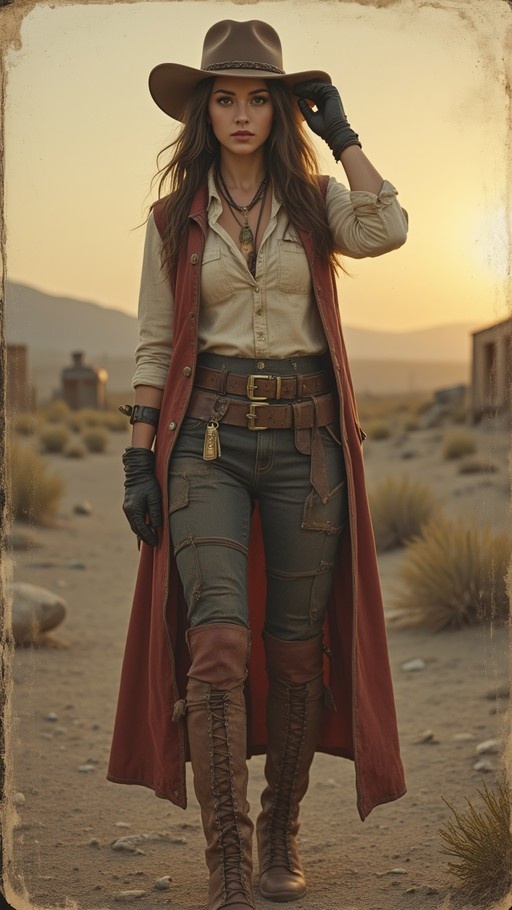 A full-body shot of a serious-looking cowgirl wearing a brown cowboy hat, a long red vest over a beige shirt, blue jeans, and tall brown leather boots. She stands in a desert landscape with blurred old western buildings in the background during sunset, looking directly at the viewer while adjusting