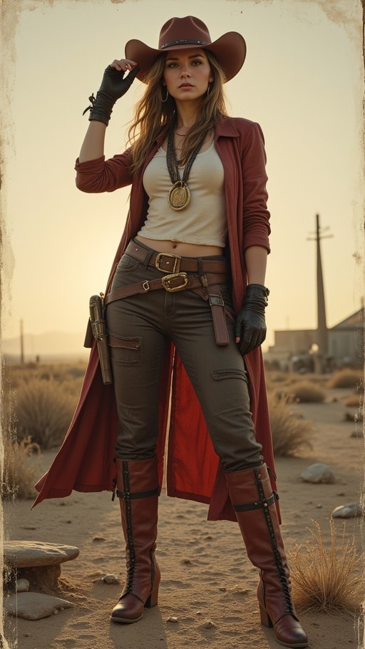 A full-body image of a woman in Western attire standing in a desert setting at sunset, wearing a cowboy hat and red coat.