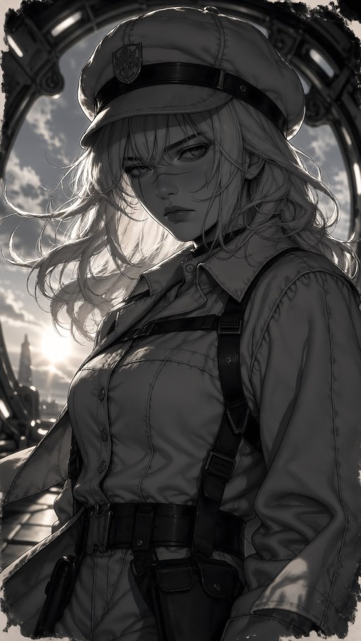 A greyscale illustration of a young woman with long hair wearing a military uniform and peaked cap, looking directly at the viewer with a serious expression and a visible scar on her nose.