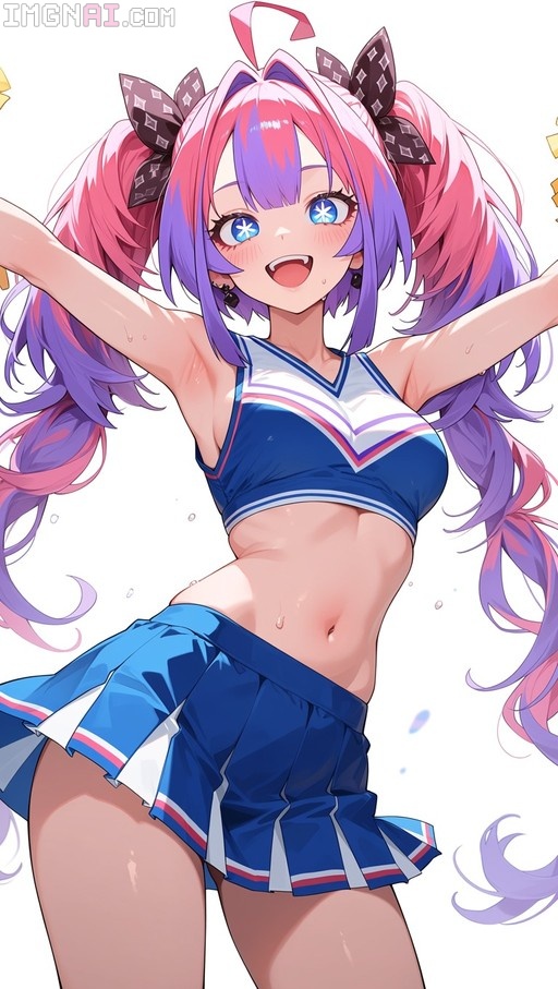 An anime-style girl with pink and purple twintails wearing a blue cheerleading uniform, smiling with star-shaped eyes and raised arms.