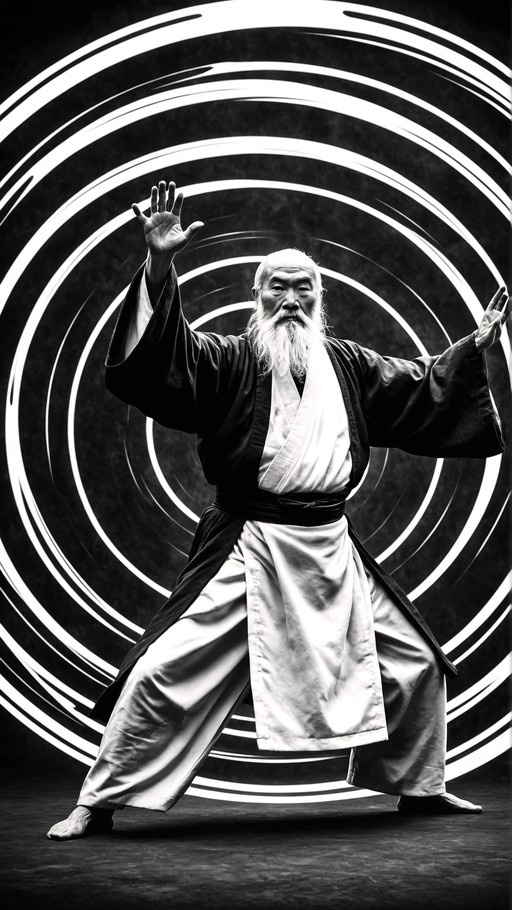 An elderly Asian man with a long white beard and bald head stands barefoot in wide traditional robes, striking a martial arts pose against a background of concentric white rings on black.