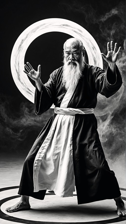 Full-body monochrome image of an elderly bald man with a long white beard standing in a martial arts pose wearing a dark robe and sash against a black background with a large white ring.