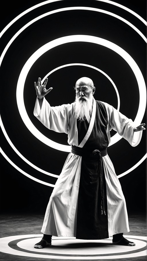 A bald elderly man with a long white beard stands in a martial arts pose wearing traditional robes against a background of concentric circles.