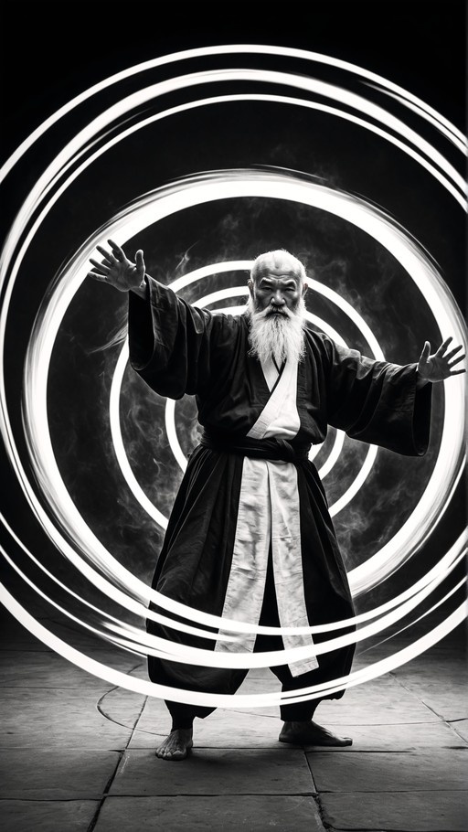 Black and white image of an elderly bald man with a long white beard wearing traditional robes, standing barefoot with arms outstretched in front of a large glowing white spiral.