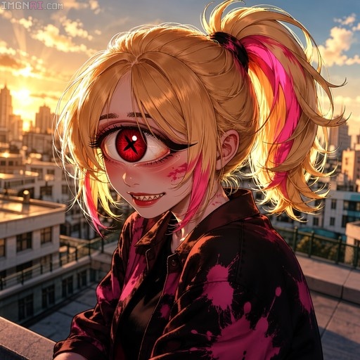 An anime girl with one large red eye, sharp teeth, and blonde hair in a ponytail with pink streaks stands on a rooftop wearing a dark jacket splattered with pink paint against a sunset cityscape.