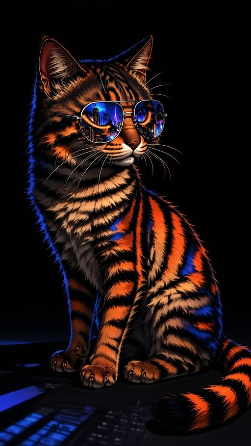 A stylized digital illustration of a large tabby cat sitting and wearing aviator sunglasses that reflect a glowing blue city skyline against a dark background.