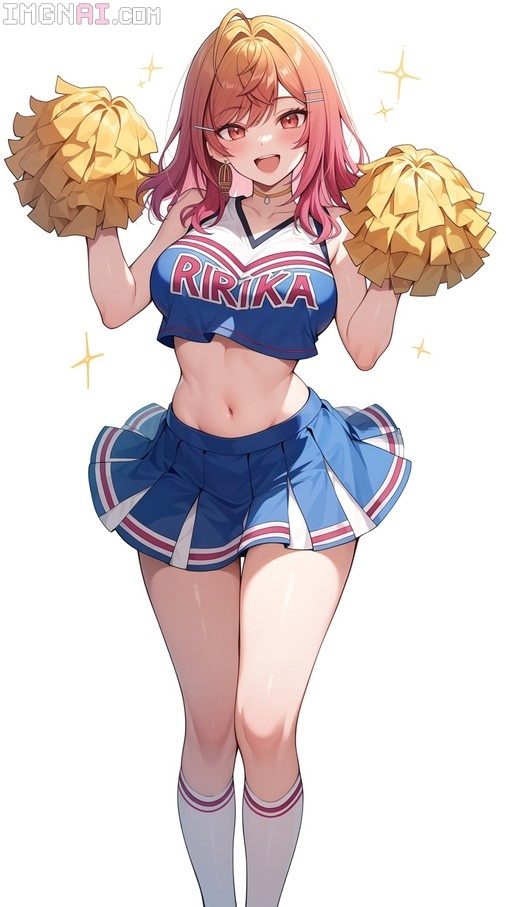 Anime character Ichijou Ririka in a blue cheerleader outfit holding yellow pom-poms.