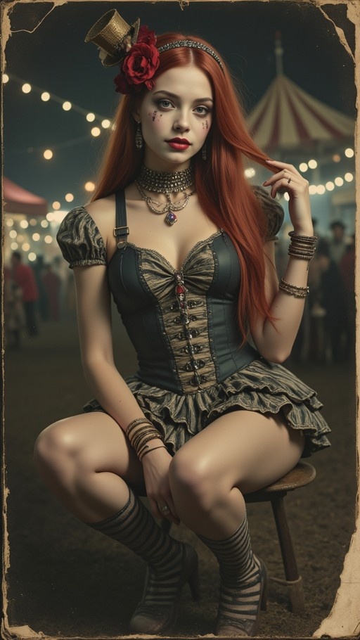 A red-haired woman in a steampunk corset and mini top hat sits on a stool at a night carnival.