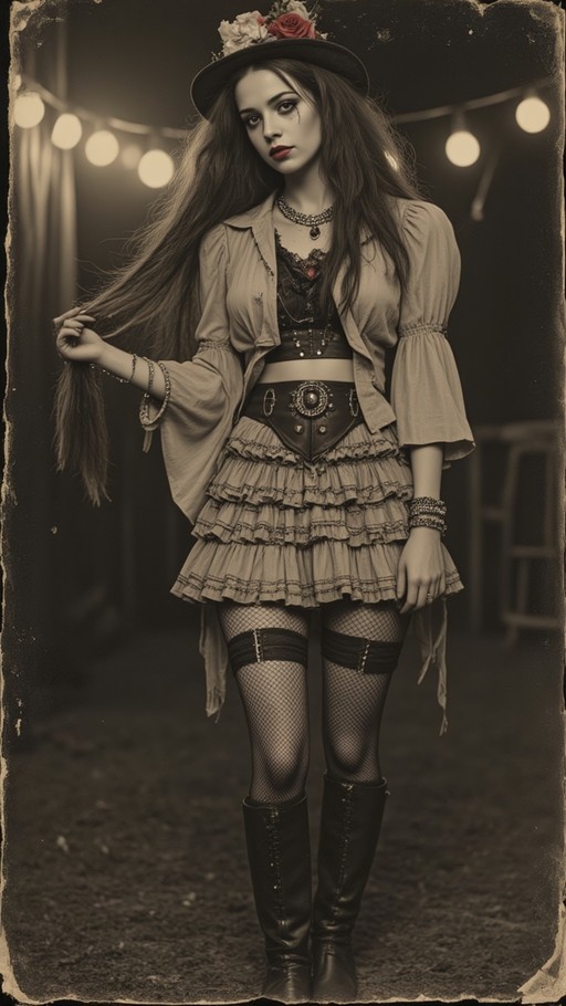A sepia-toned portrait of a woman wearing a floral hat, ruffled skirt, fishnets, and tall boots.