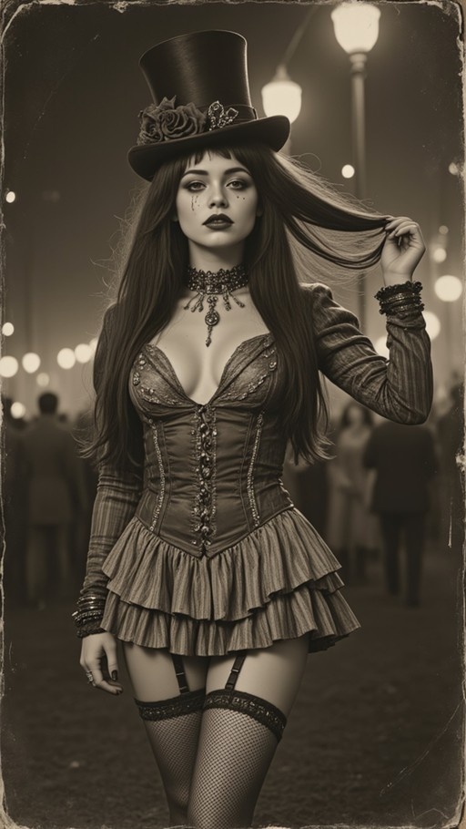 Sepia-toned portrait of a steampunk woman in a top hat and corset holding her hair on a city street at night.