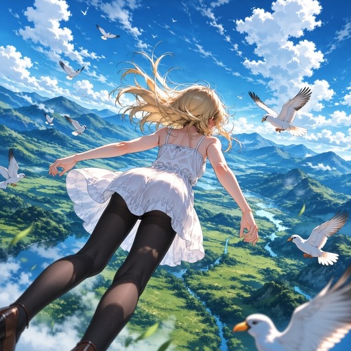 Anime illustration of a blonde woman in a white sundress and black pantyhose floating among white birds above a green mountain valley.