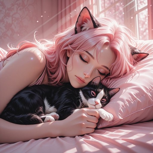 A pink-haired girl with cat ears sleeps on a bed next to a black and white cat in a sunlit room.