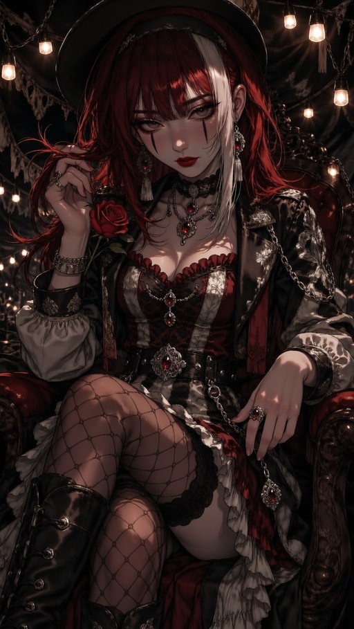 Anime girl with red and white hair sitting on an ornate chair holding a red rose