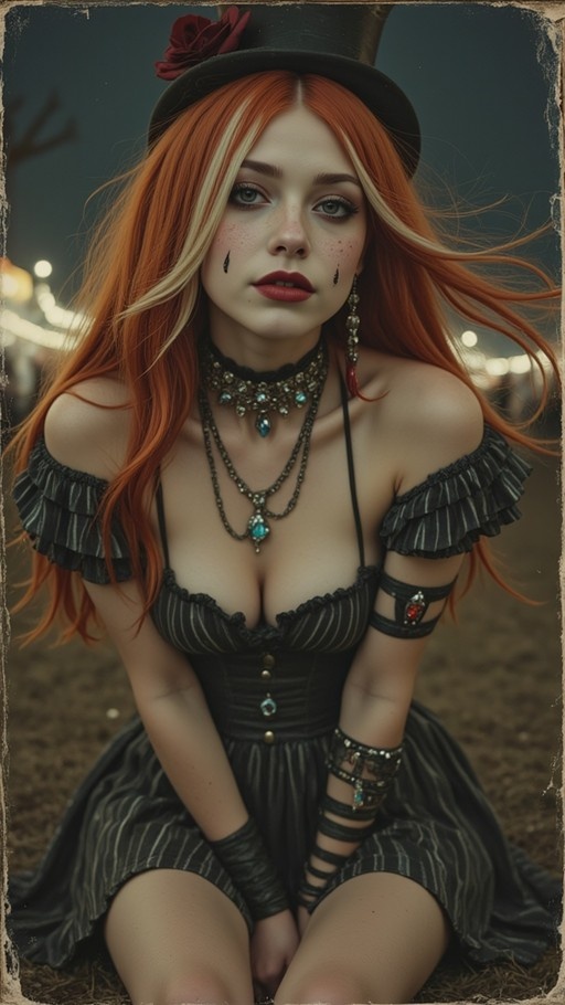 A realistic portrait of a young woman with long orange and blonde hair wearing a black top hat with a red rose, a dark striped off-shoulder dress, layered necklaces, and black teardrop face paint under her eyes against a blurred night background.