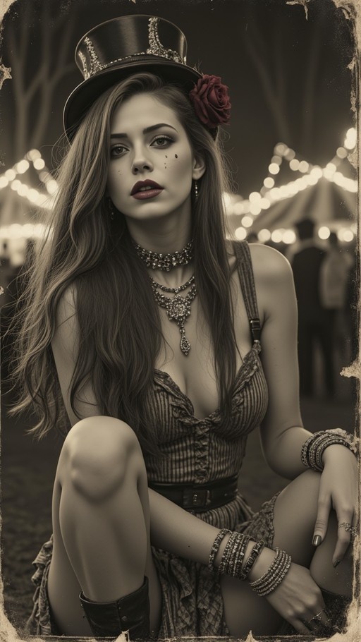A sepia-toned portrait of a woman with long hair wearing a top hat with a red rose and a striped corset dress, sitting in front of blurred carnival lights.
