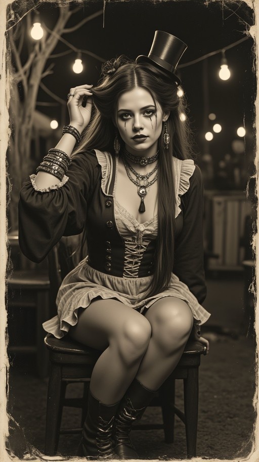 A sepia-toned portrait of a woman wearing a top hat and corset sitting on a chair with tear makeup.