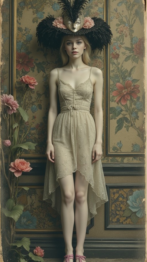 A blonde woman in a beige lace slip dress stands against floral wallpaper wearing a large black hat with feathers and a golden mask.