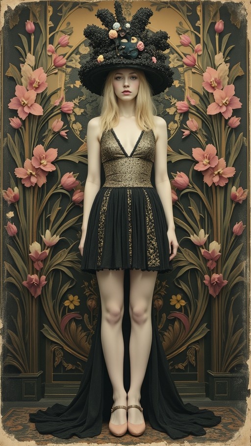 A full-body portrait of a blonde woman wearing an elaborate black hat and a gold bodice with a pleated black skirt, standing in front of a dark Art Nouveau backdrop featuring large pink flowers.