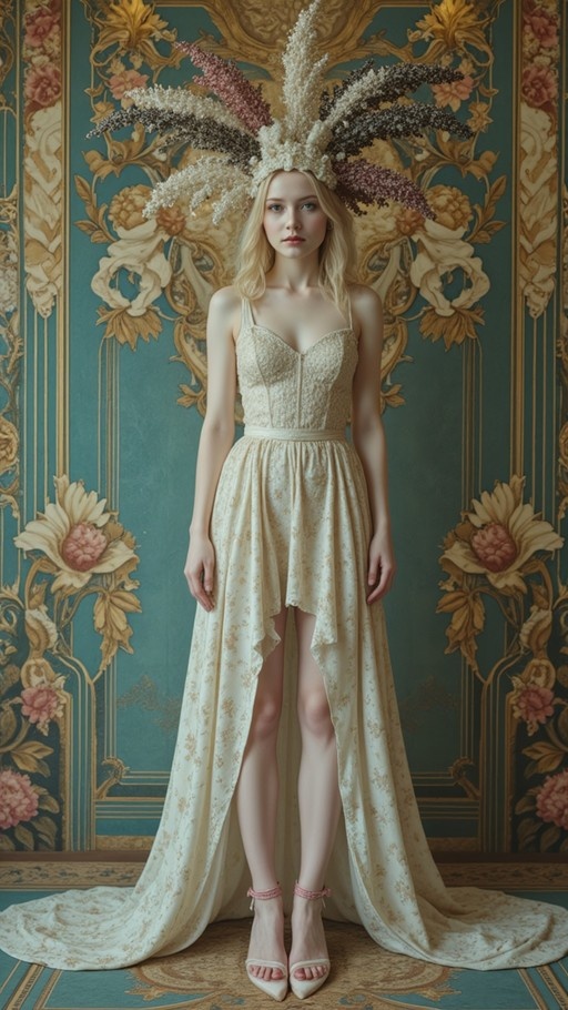 Full-body portrait of a blonde woman in a cream high-low dress and elaborate dried flower headdress against an ornate teal wall.